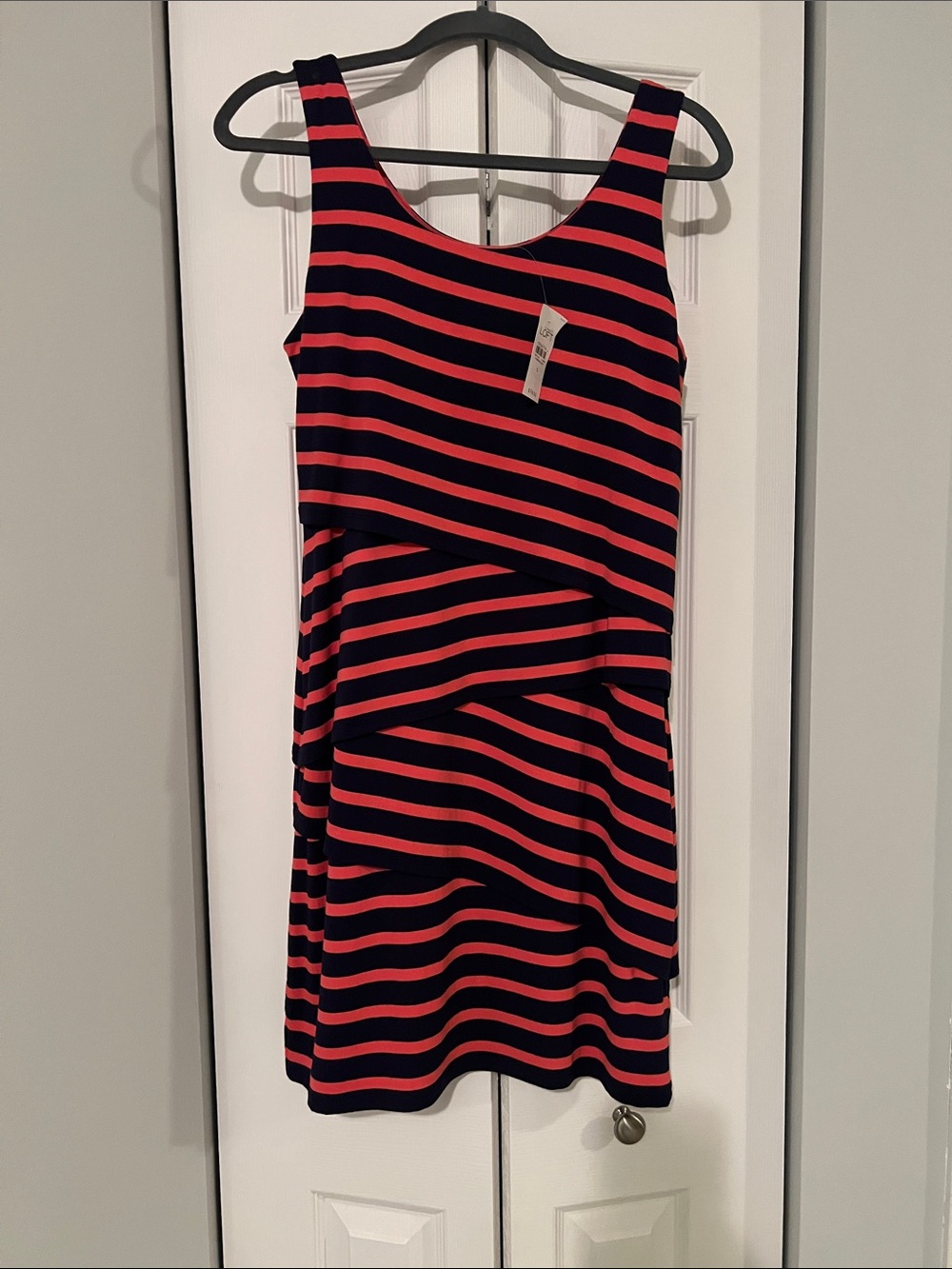 LOFT Navy and Coral Striped Sleeveless Midi Dress